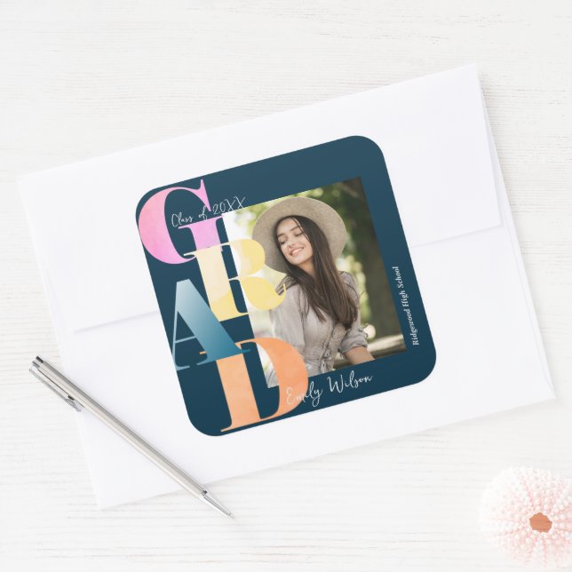 Blue Bold Font Class of 2026 Photo Graduation Square Sticker (Envelope)
