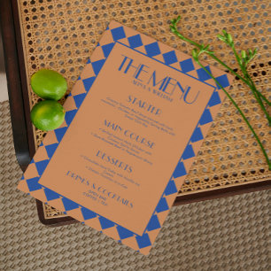 Blue Bold Funky Retro Chequerboard Wedding Menu 