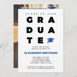 Blue Bold GRADUATE Letters and Cap Graduation Invitation