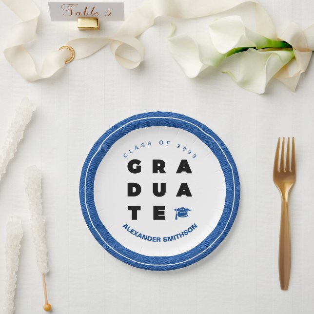 Blue Bold GRADUATE Letters and Cap Graduation Paper Plate (Wedding)