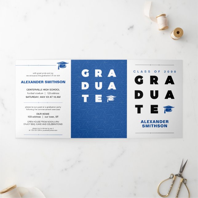 Blue Bold GRADUATE Letters and Cap Graduation Tri-Fold Announcement (Outside)