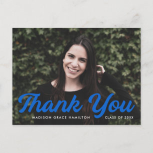 Blue   Bold Script Photo Graduation Thank You Postcard