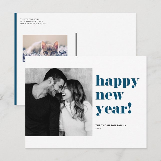 Blue Bold Typography Happy New Year Photo Holiday Postcard (Front/Back)