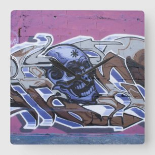 Blue Bonehead Skull Graffiti Square Wall Clock