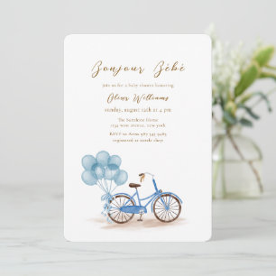 Blue Bonjour Bébé Balloon Bicycle Baby shower Invitation