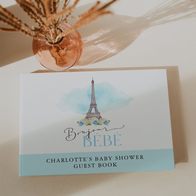 Blue Bonjour Bébé Eiffel Tower Baby Shower Guest Book (Creator Uploaded)