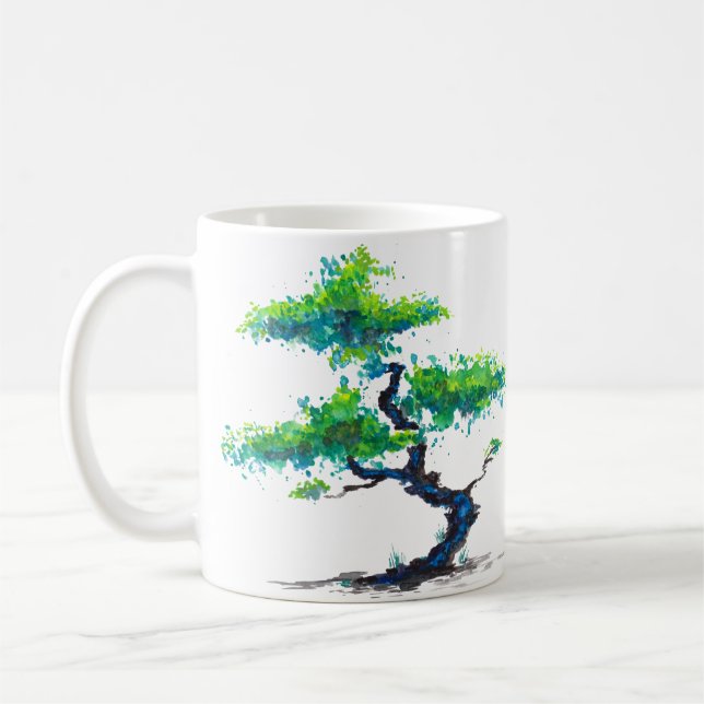 Blue Bonsai Watercolor Coffee Mug (Left)