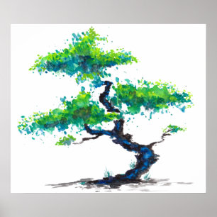 Blue Bonsai Watercolours Poster Print