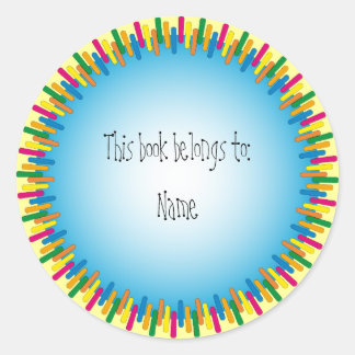 Blue bookplate with colourful border classic round sticker