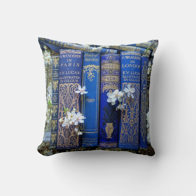 Blue Books and Blossoms Cushion (Front)