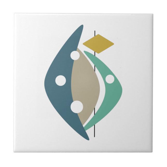 Blue Boomerang Shapes Mid Century Modern Tile (Front)