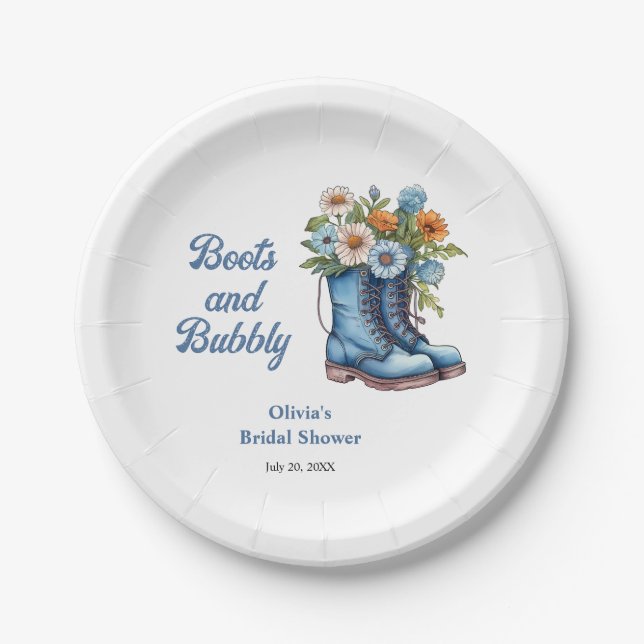 Blue Boots and Bubbly Blue Western Bridal Shower  Paper Plate (Front)