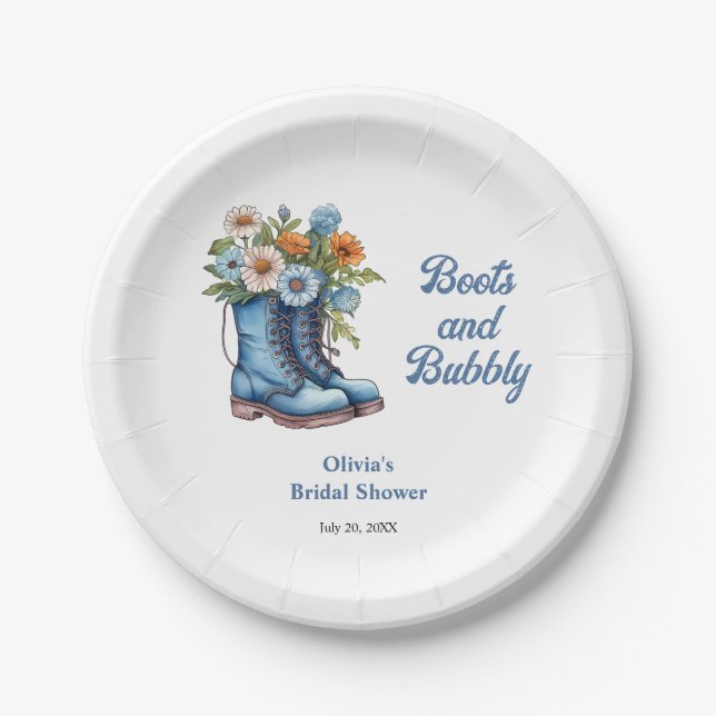Blue Boots and Bubbly Blue Western Bridal Shower  Paper Plate (Front)