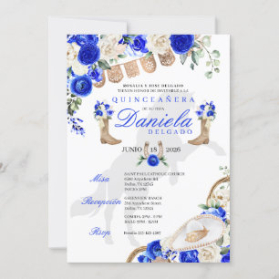Blue Boots & Roses Papel Picado Quinceañera Invitation