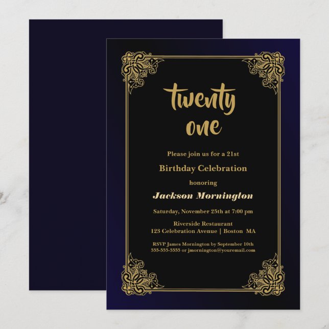 Blue Border Black 21st Birthday Party Invitation (Front/Back)