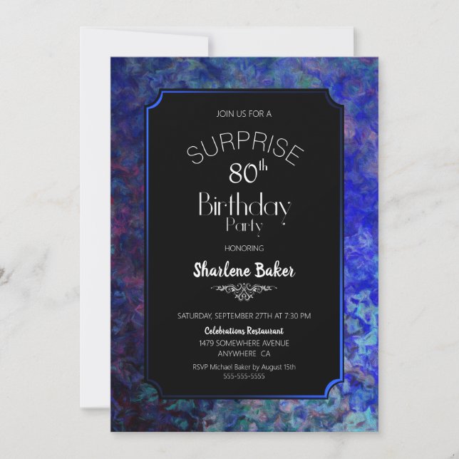Blue Border Black Surprise 80th Birthday Invitation (Front)