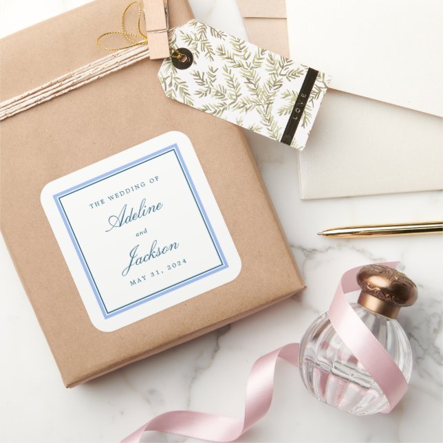 Blue Border Classic Traditional Wedding Square Sticker (Gifting)