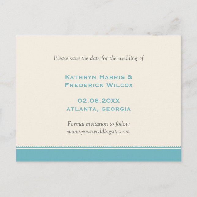Blue border custom wedding save the date postcard (Front)