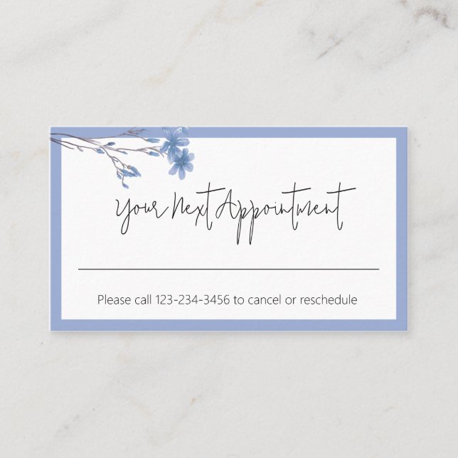 Blue Border Flower Sprig Appointment Reminder Business Card (Front)