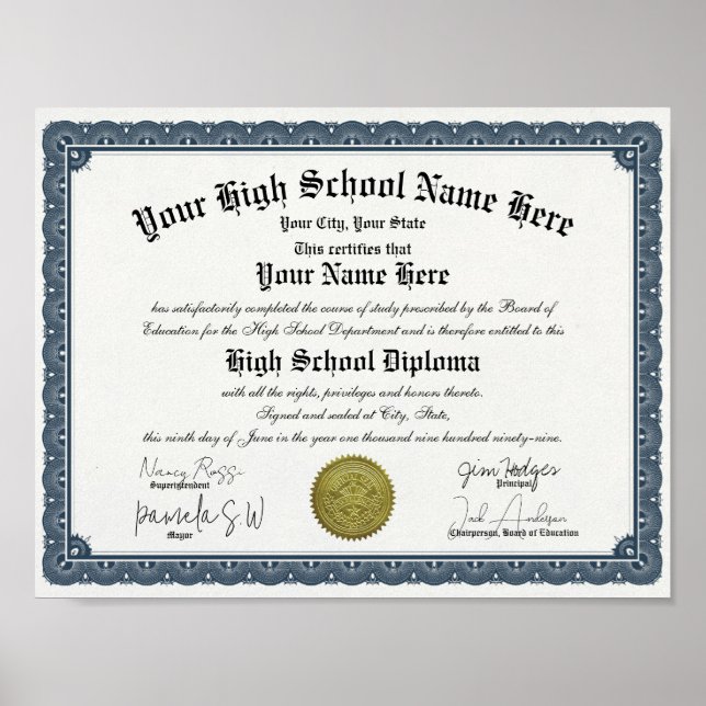 Blue Border High / Home School Diploma Poster (Front)