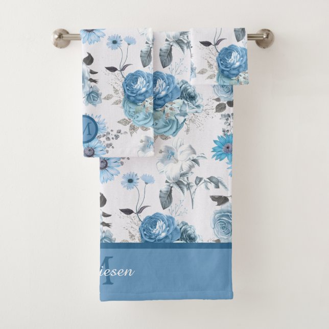 Blue Border Monogram Floral Pattern Bath Towel Set (Insitu)