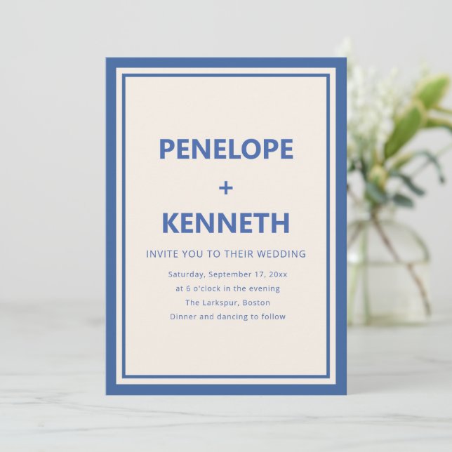 Blue Border Simple Classic Modern Wedding Invitation (Standing Front)