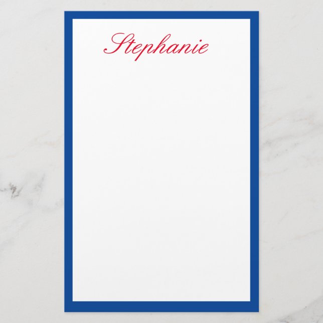 Blue Bordered Edges Red Monograms Template White Stationery (Front)