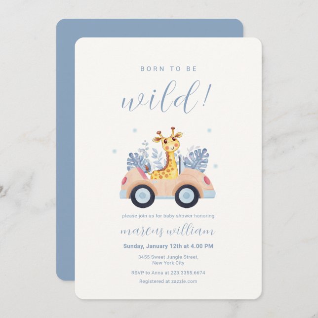 Blue Born To Be Wild Safari Giraffe Baby Shower Invitation (Front/Back)