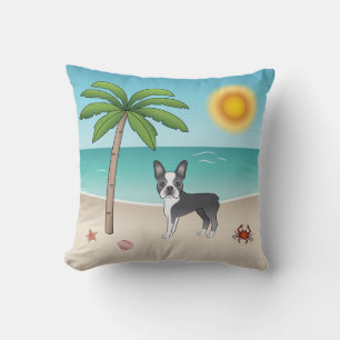 Blue Boston Terrier At A Tropical Summer Beach Cushion