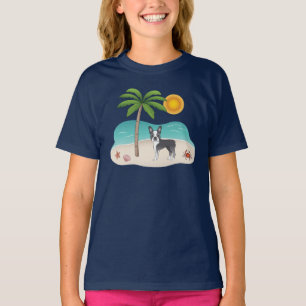 Blue Boston Terrier At A Tropical Summer Beach T-Shirt