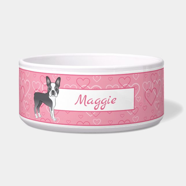 Blue Boston Terrier Dog On Pink Hearts And Name (Front)