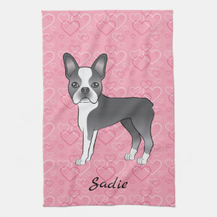 Blue Boston Terrier Dog On Pink Hearts And Name Tea Towel