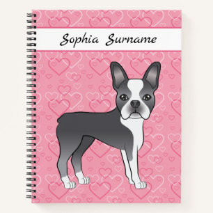 Blue Boston Terrier Dog On Pink Hearts And Text Notebook