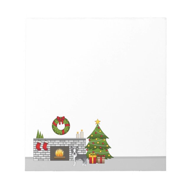 Blue Boston Terrier In A Festive Christmas Room Notepad (Front)