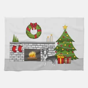 Blue Boston Terrier In A Festive Christmas Room Tea Towel