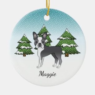 Blue Boston Terrier In A Winter Forest & Name Ceramic Tree Decoration