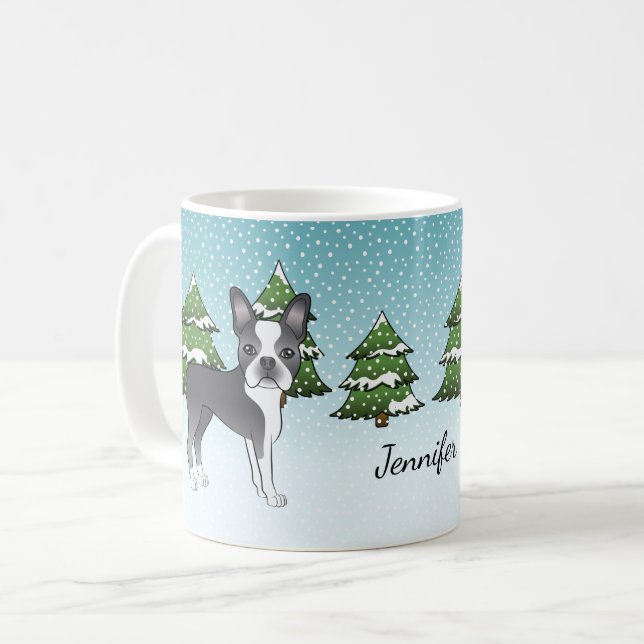 Blue Boston Terrier In A Winter Forest & Name Coffee Mug (Front Left)