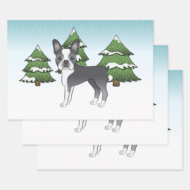 Blue Boston Terrier In A Winter Forest Wrapping Paper Sheet (Set)