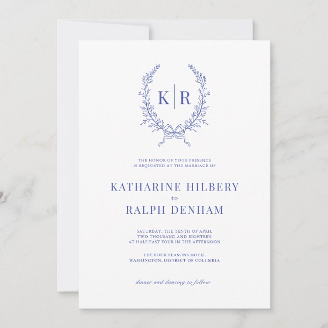Blue Botaniacal & Ribbon Crest Monogram Wedding Invitation (Front)