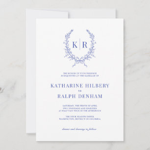Blue Botaniacal & Ribbon Crest Monogram Wedding Invitation