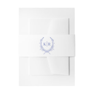 Blue Botaniacal & Ribbon Crest Monogram Wedding Invitation Belly Band