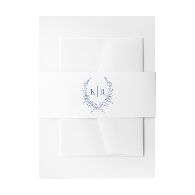 Blue Botaniacal & Ribbon Crest Monogram Wedding Invitation Belly Band (Front Example)