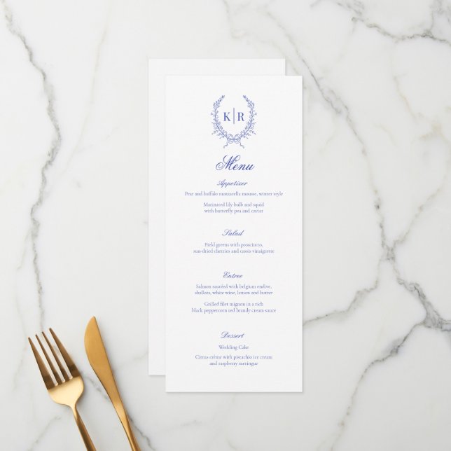 Blue Botaniacal & Ribbon Crest Monogram Wedding Menu (Front/Back In Situ)