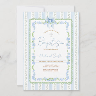 Blue Botanical Baptism Invitation Boy Christening