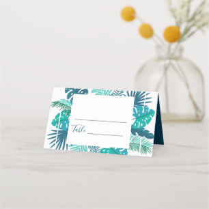 Blue Botanical Beach Palm Foliage Wedding Place Card