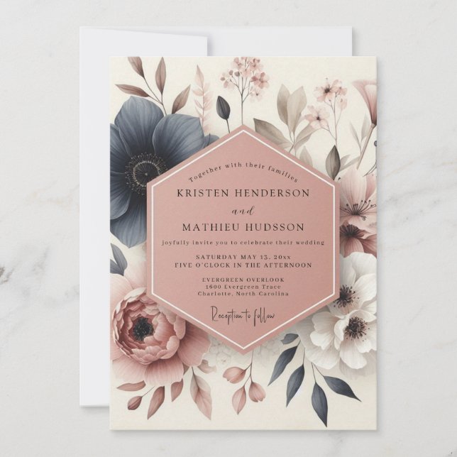 Blue Botanical Bloom Wedding Invitation (Front)