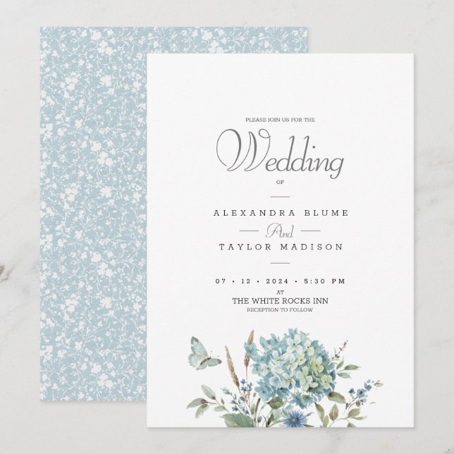 Blue Botanical Bohemian Watercolor Wedding Invitation (Front/Back)