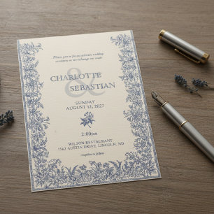 Blue botanical border vintage wedding invitation