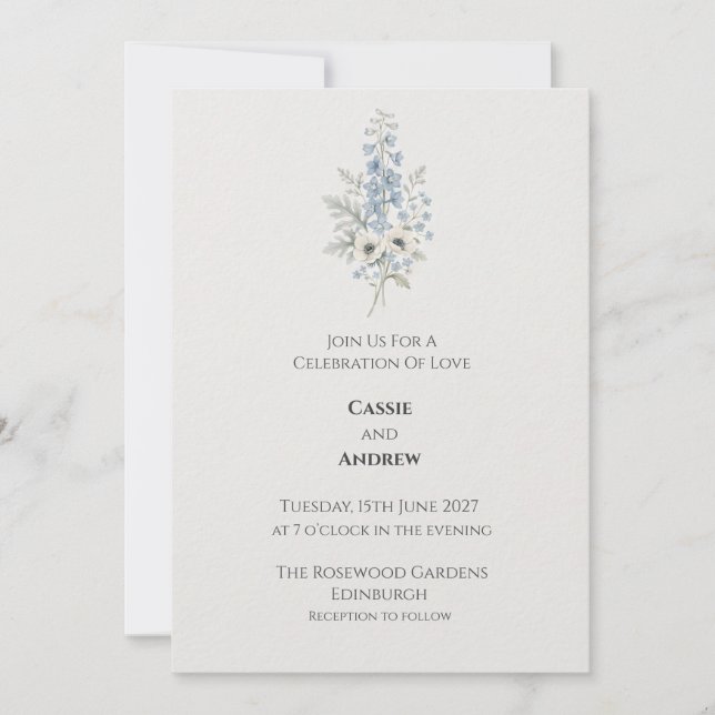 Blue Botanical Bouquet Wedding Invitation (Front)