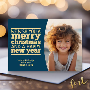 Blue Botanical Christmas Greeting - 1 Photo  Foil Holiday Card